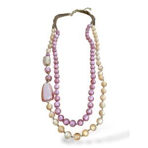 Chicos Pink and Light Gold Beaded Long Layered Two Strand Necklace Leather Cord